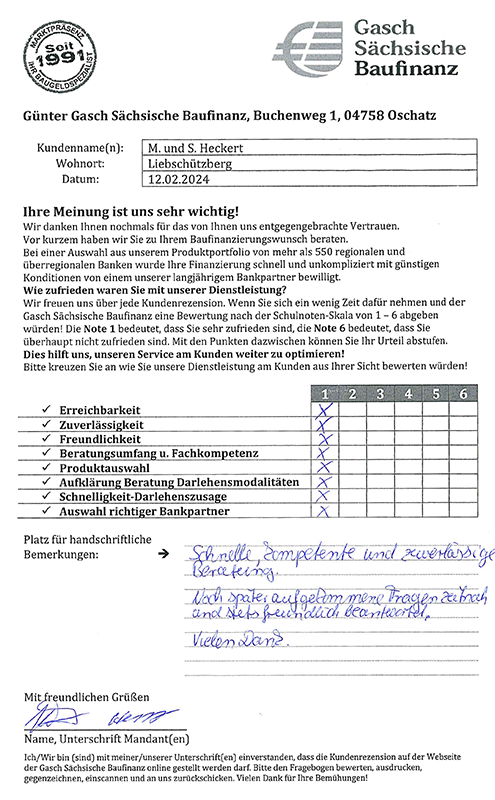 Zufriedenheits-Zertifikat von M. und S. Heckert