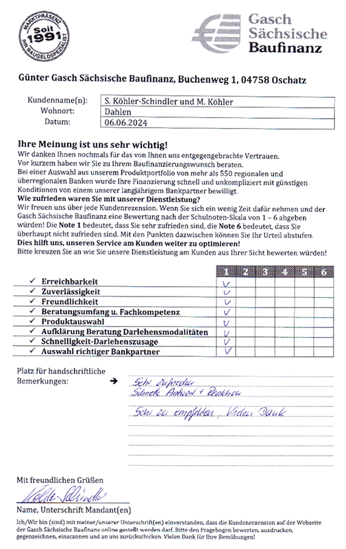 Zufriedenheits-Zertifikat von S. Köhler-Schindler und M. Köhler