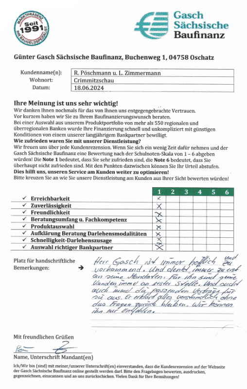 Zufriedenheits-Zertifikat von R. Pöschmann und L. Zimmermann